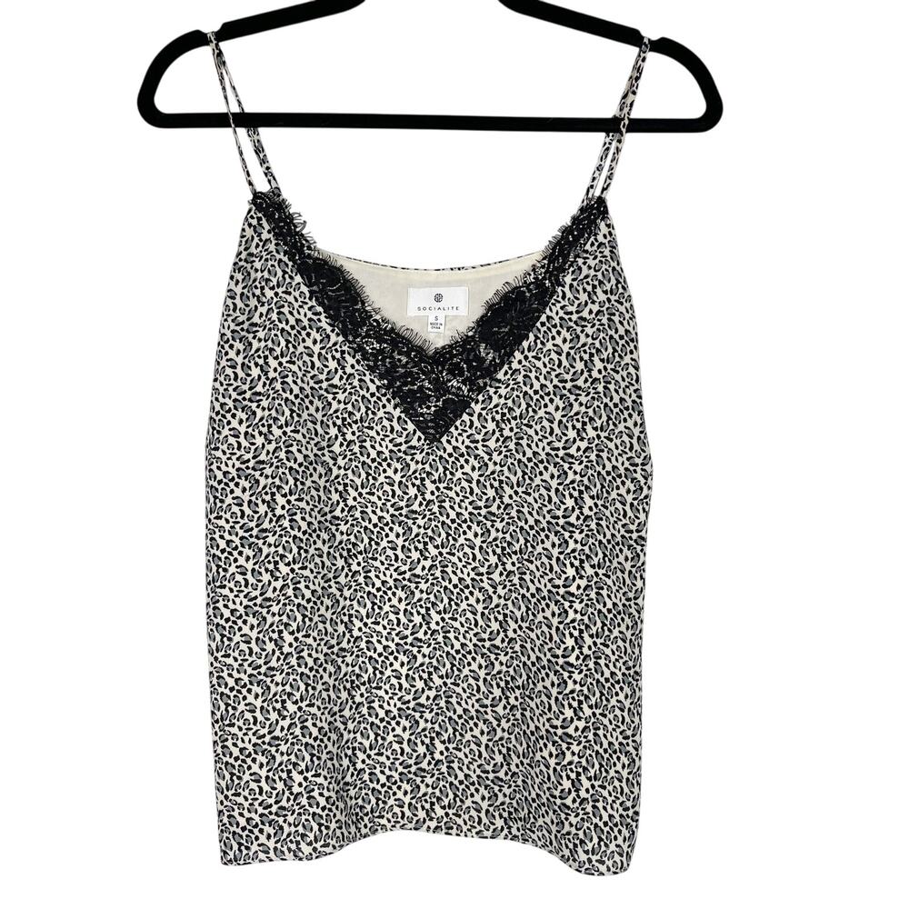 Socialite Small S Cream Black Leopard Animal Print Lace V Neck Camisole Tank Top